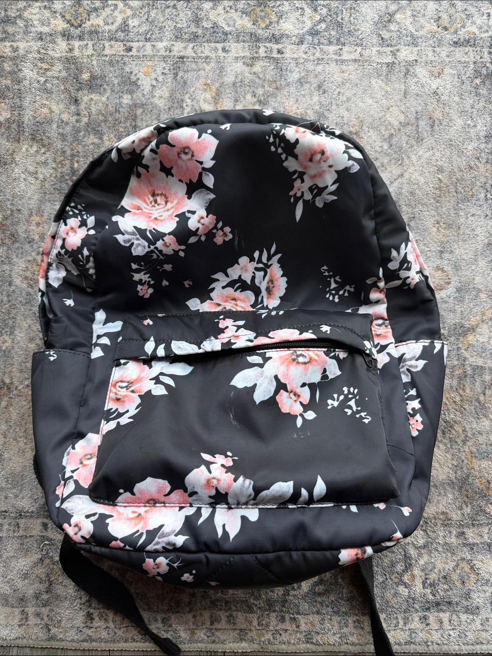 Floral Print Black Backpack with Pink Accent